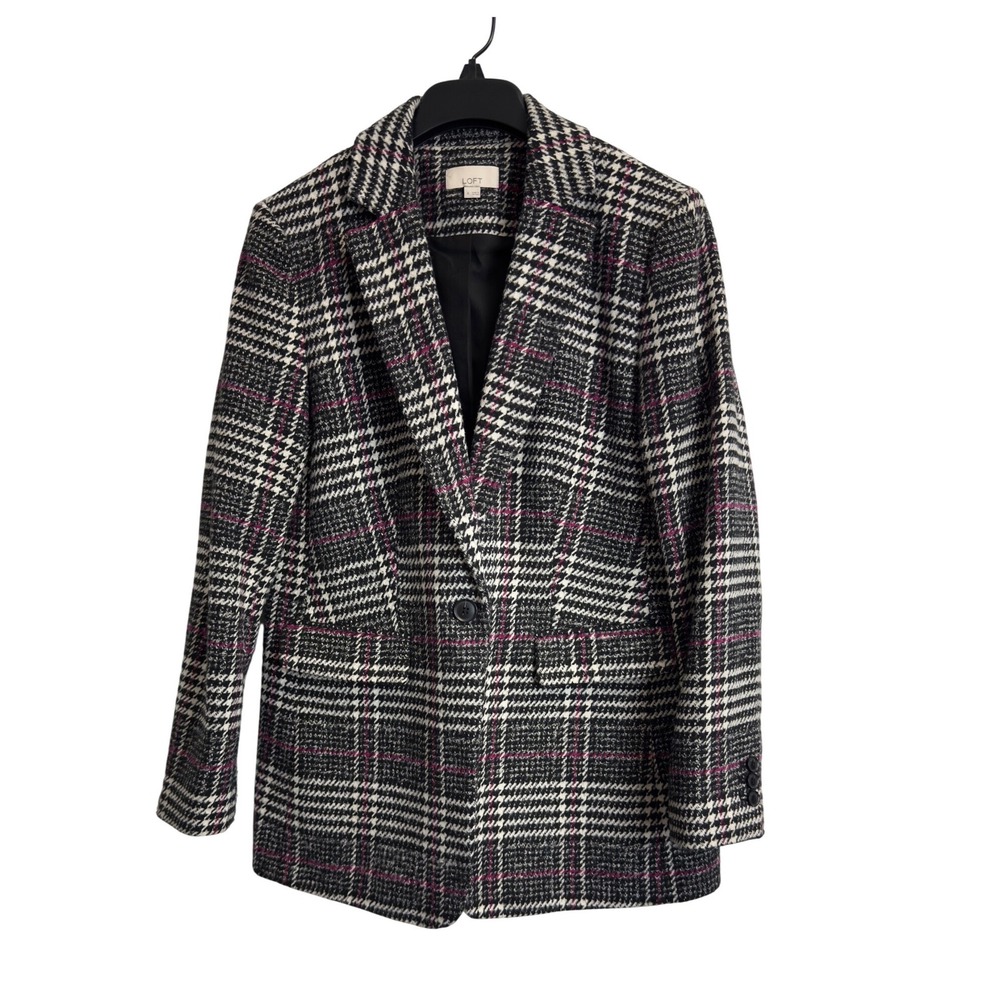 Loft Womens Plaid Blazer Jacket Black White Houndstooth‎ Single Button Size 4